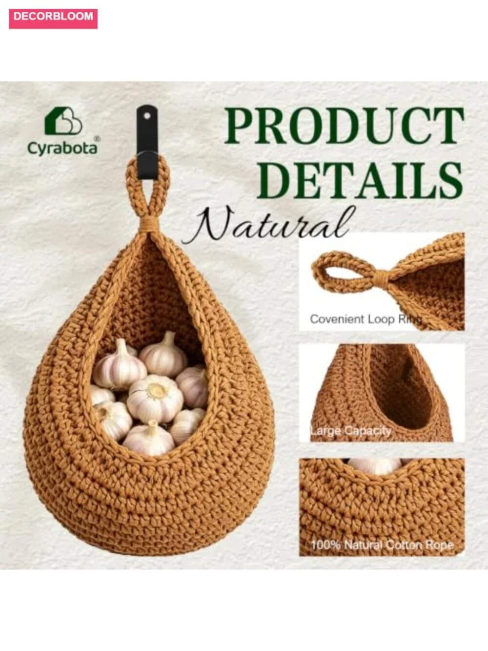 Boho Hanging Fruit Baskets 3 Pack Cotton Rope Wall Mount Storage